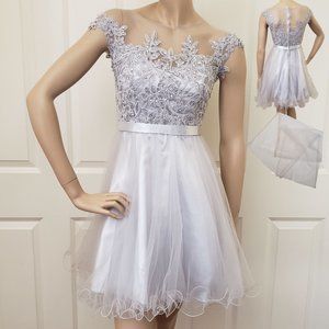 Eureka Beaded Lace Illusion Bateau A-line Dress w/ Scarf SZ S Silver